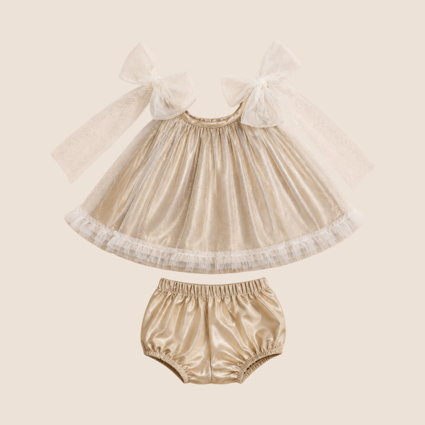 Conjunto gala bebe nina 2 piezas blusa dorada champagne con tul lazos blancos y bloomer