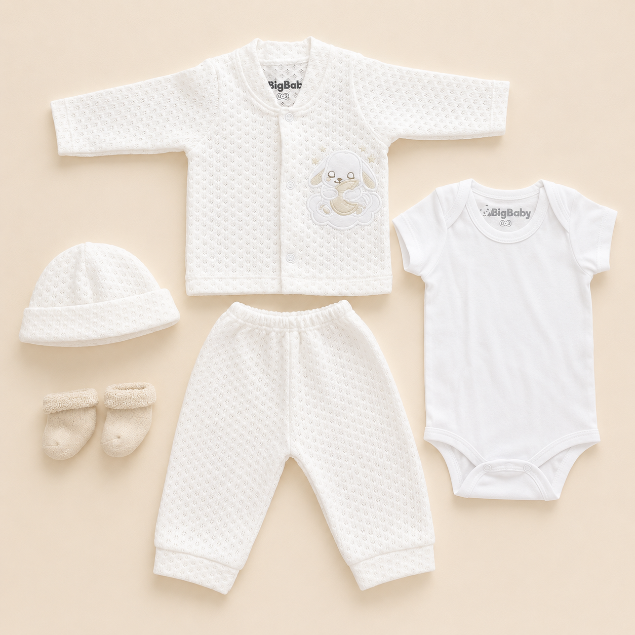 Conjunto Tejido Bebé 5 Piezas Blanco Conejito — Recién Nacido | Mara Baby