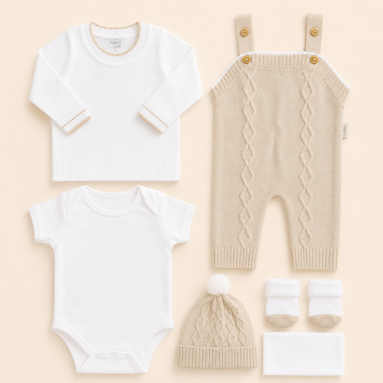 ⚪️ Conjunto Primera Muda Tejido Ref. Wally – Beige | Mara Baby