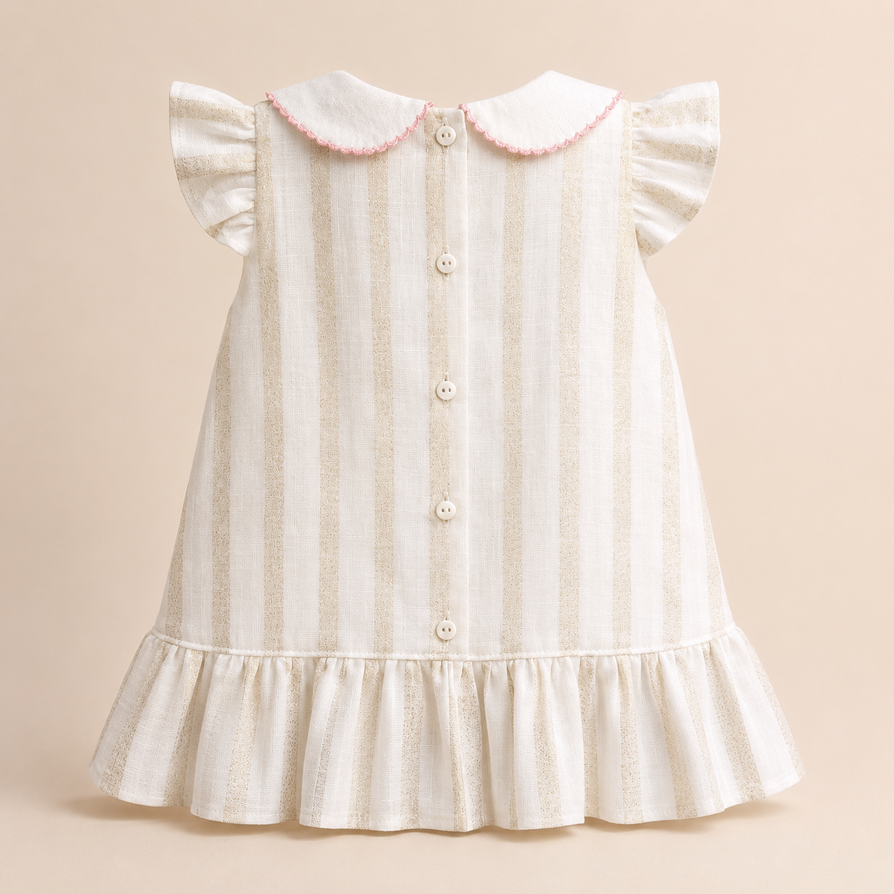 ⚪️ Vestido Niña Estilo Coquette | Crema con Moños Rosados, Cuello Peter Pan y Volantes |