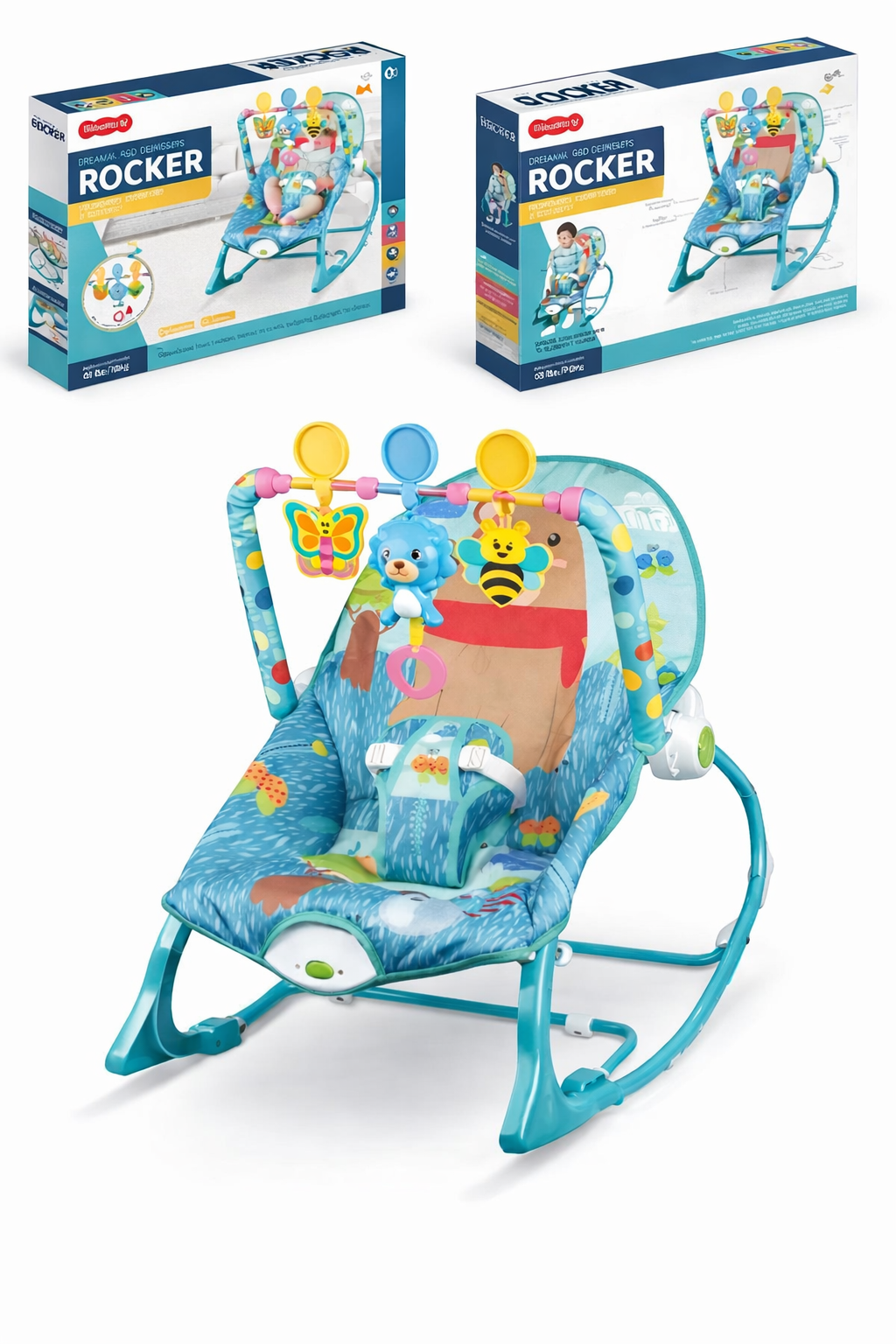 SILLA MECEDORA INFANTIL ROCKER CON JUGUETES COLGANTES Y VIBRACION DISEÑO RANITA LEON AZUL