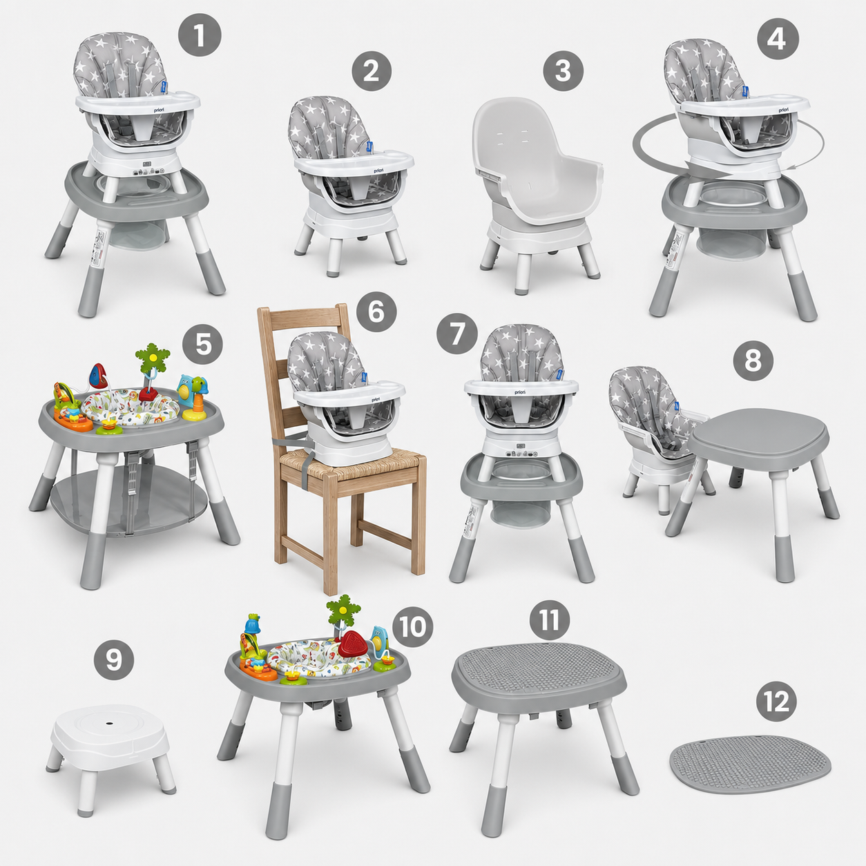 Silla Alta Multifuncional Priori 12 en 1 – Gris Estrellas | De Bebé a Niño