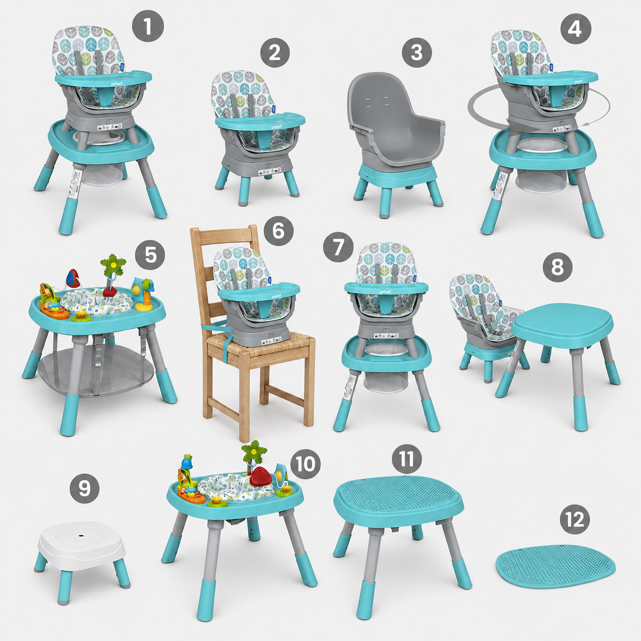 Silla Alta Multifuncional Priori 12 en 1 Azul – De Bebé a Niño