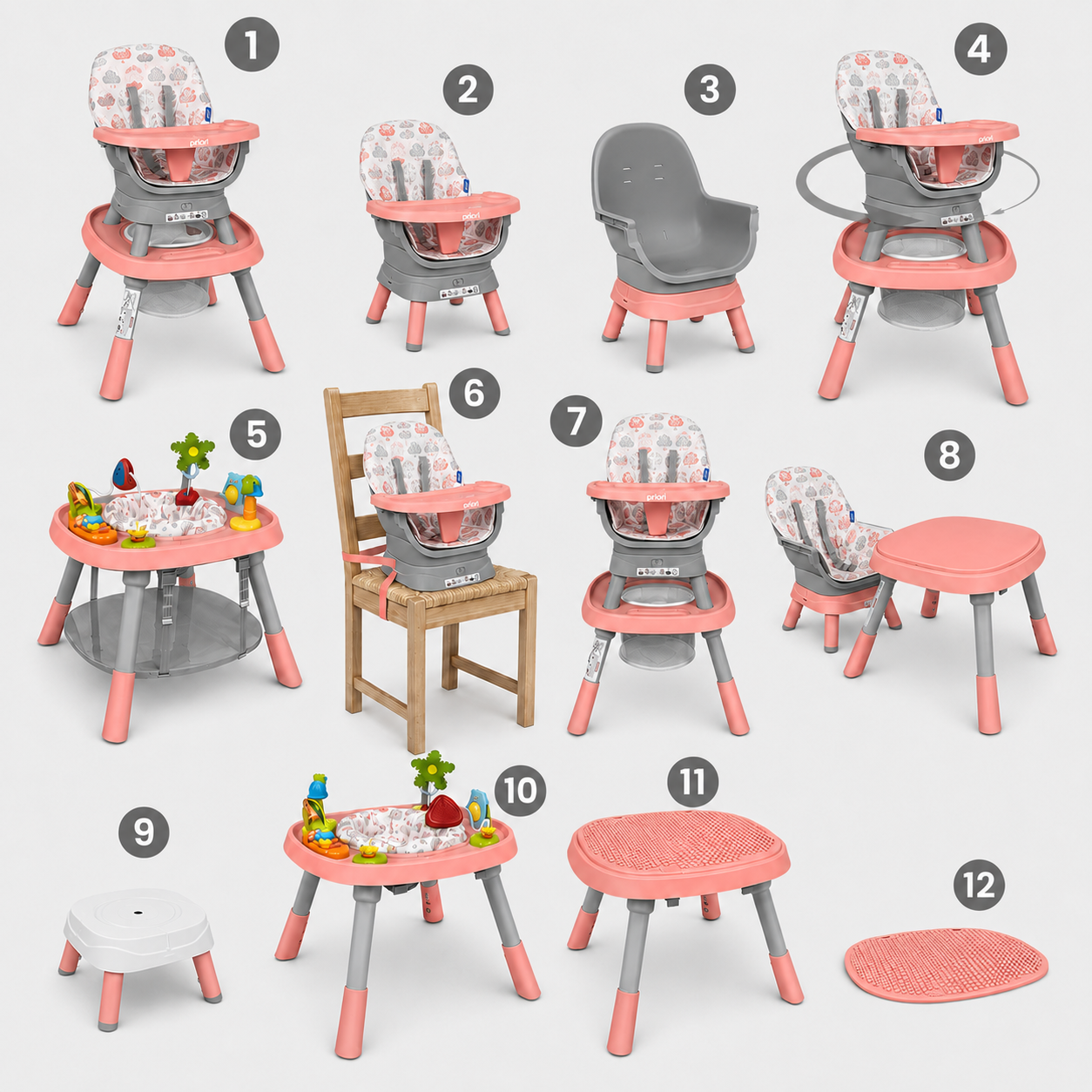 Silla Alta Multifuncional Priori 12 en 1 Rosa – De Bebé a Niño
