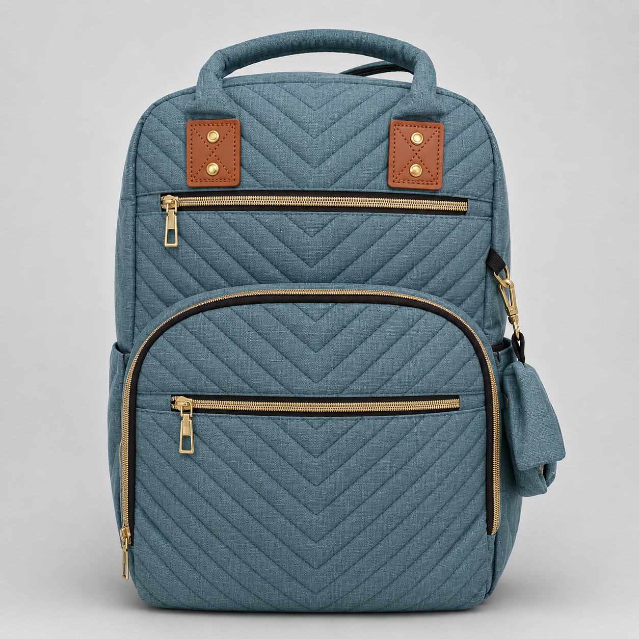 ⚪Pañalera Mochila Acolchada Chevron con Herrajes Dorados – Azul Pizarra