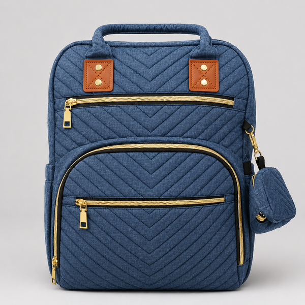 Pañalera Mochila Backpack Denim Azul con Accesorios Dorados
