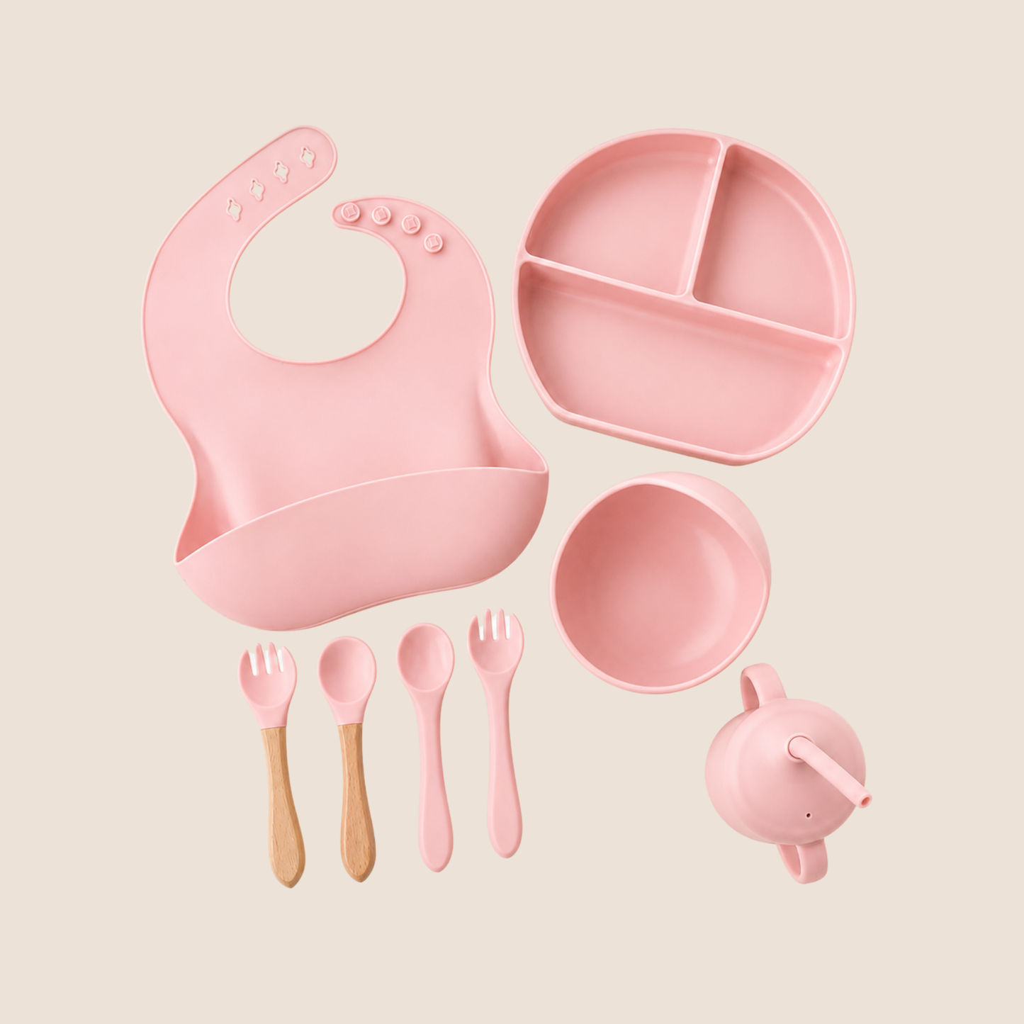 Kit de Alimentación para Bebé en Silicona Sin BPA | 8 Piezas Color Rosa – Mara Baby