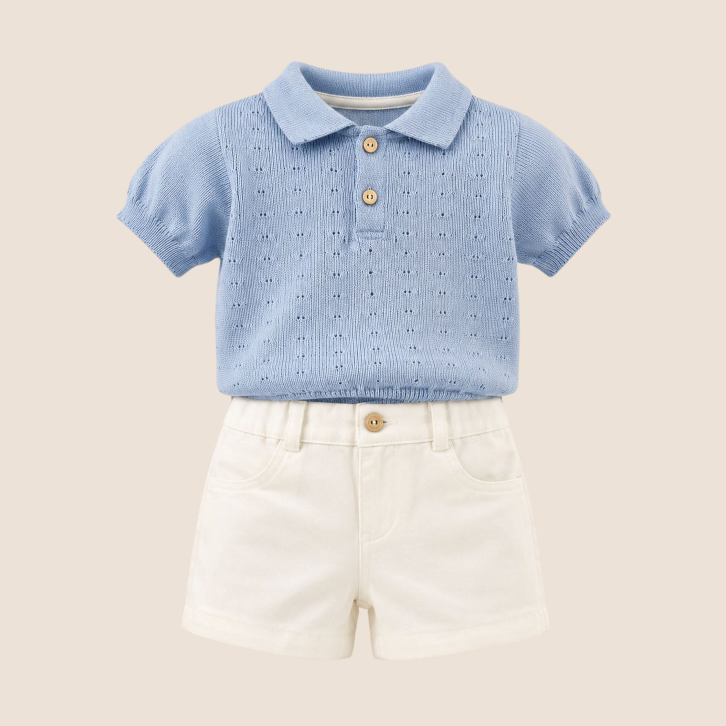 SET SHORT Y CAMISA CELESTE TEJIDA- BEBE FELIZ