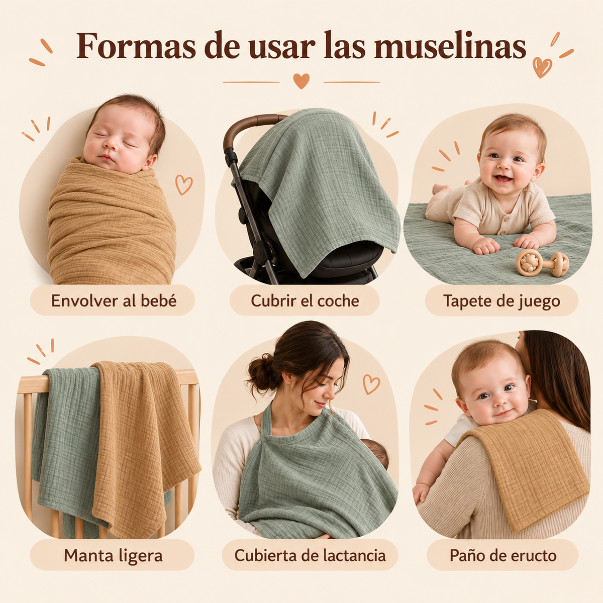 Set de 2 muselinas Infancie de algodón orgánico 120 x 120 cm Mostaza y Verde Salvia