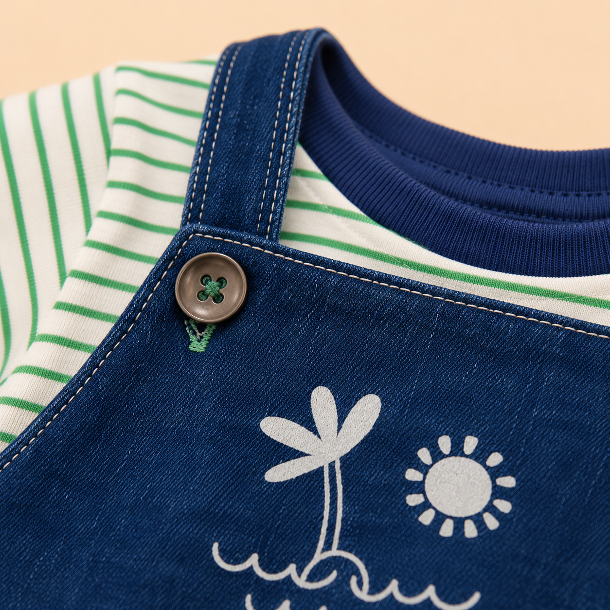 ⭕️ Overol Europeo Tropical Bebé – Peto Denim Azul con Bordado Palmera y Camiseta a Rayas Verde