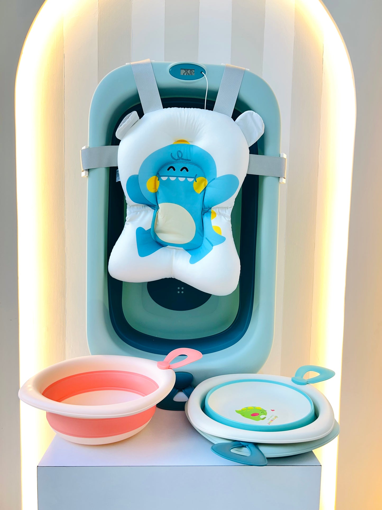 BAÑERA PLEGABLE CON TERMÓMETRO Y COJÍN PARA BEBÉ + BOWLS PLEGABLES
