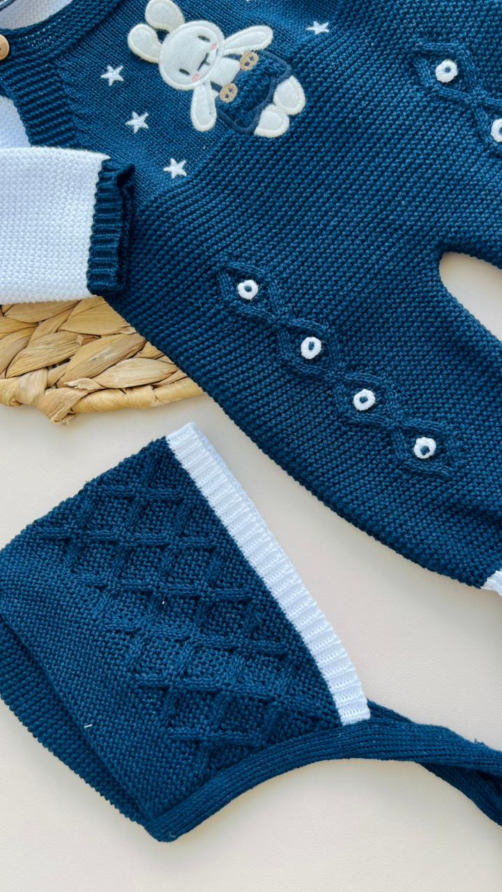 SET MARA TEJIDO PREMIUM - CONEJITO Y ESTRELLITAS - COLOR AZUL