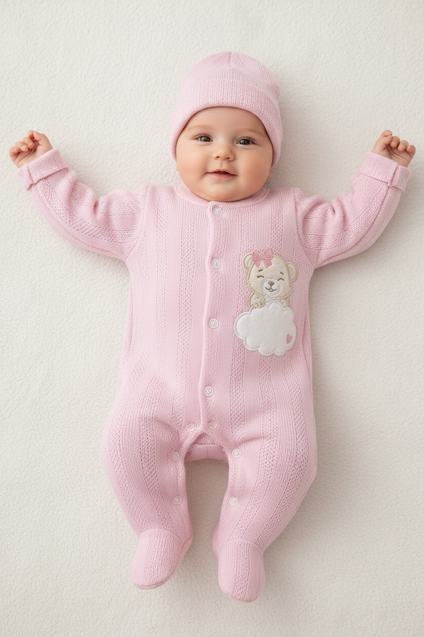⚪Enterizo Pijama Bebé Niña Osito Nube Rosa con Gorrito – Set 2 Piezas