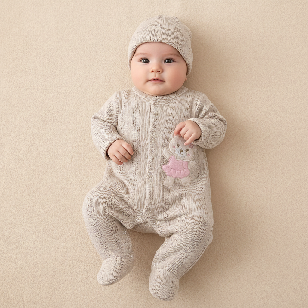 ⚪Enterizo Pijama Bebé Niña Osita Bailarina Beige con Gorrito – Set 2 Piezas