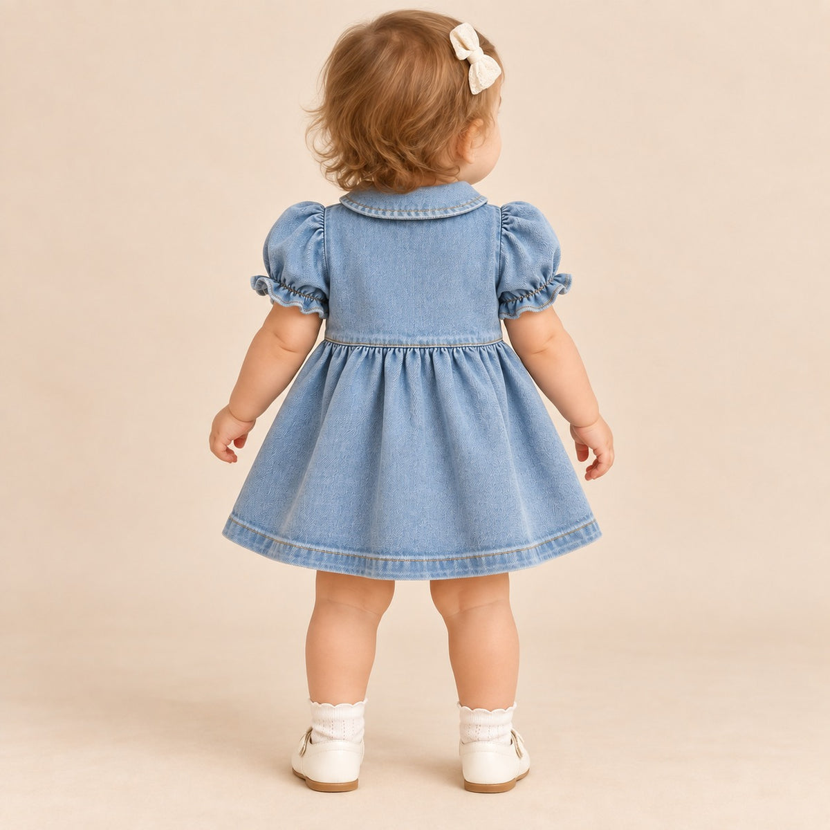Vestido denim azul claro para bebé con mangas abullonadas, dos bolsillos y botones