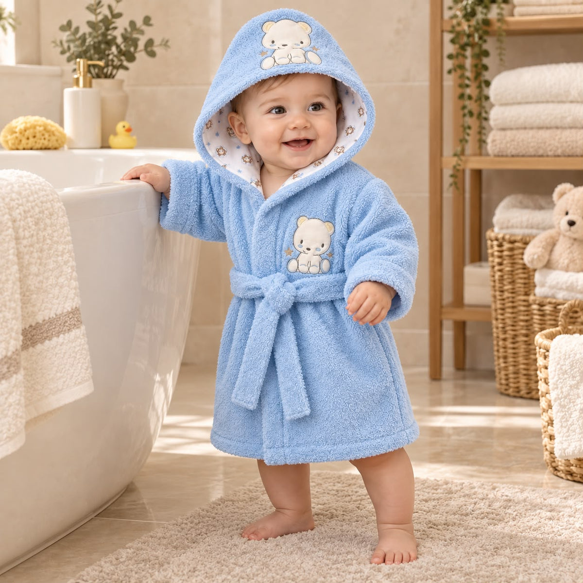 Bata de baño azul claro para bebé con aplique de osito y forro interior estampado