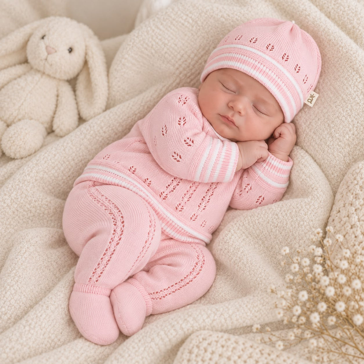 Cuatro piezas del conjunto tejido rosado para bebé extendidas: suéter, pantalón, body y gorro