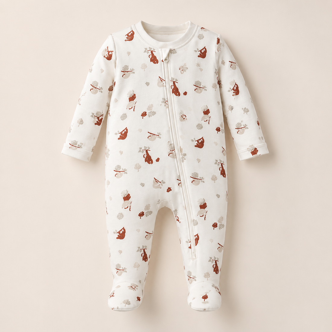 Pijama Enteriza Bebé Perezosos Crema con Piecitos Cremallera