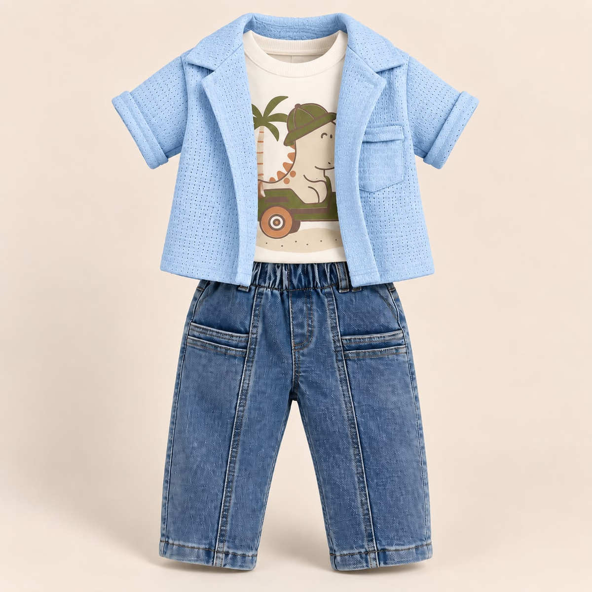 Conjunto GARAMALS para bebé con chaqueta azul, camiseta de dinosaurio y pantalón largo