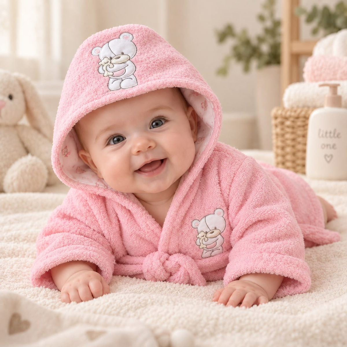 Detalle de capucha rosada con aplique de osito en bata de baño para bebé