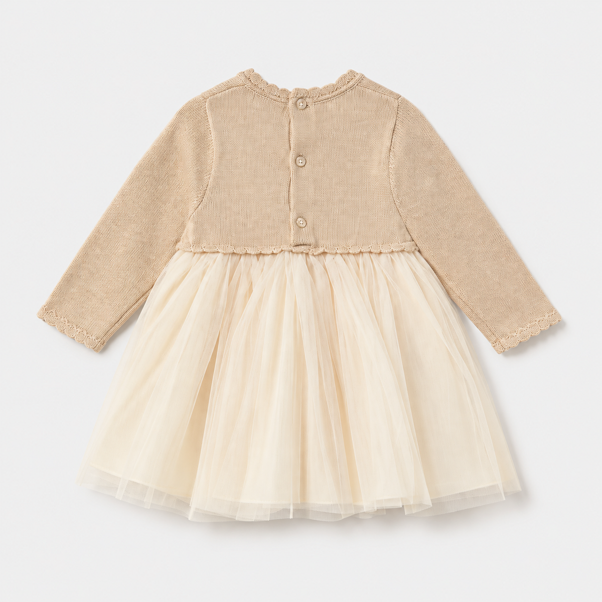 Vestido combinado de punto vigoré hojaldre y tul para bebé niña con botones en la espalda, vista posterior