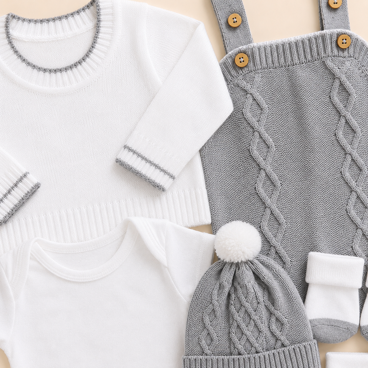 ⚪️ Conjunto Primera Muda Tejido Ref. Wally – Gris | Mara Baby