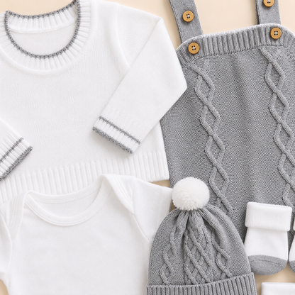⚪️ Conjunto Primera Muda Tejido Ref. Wally – Gris | Mara Baby