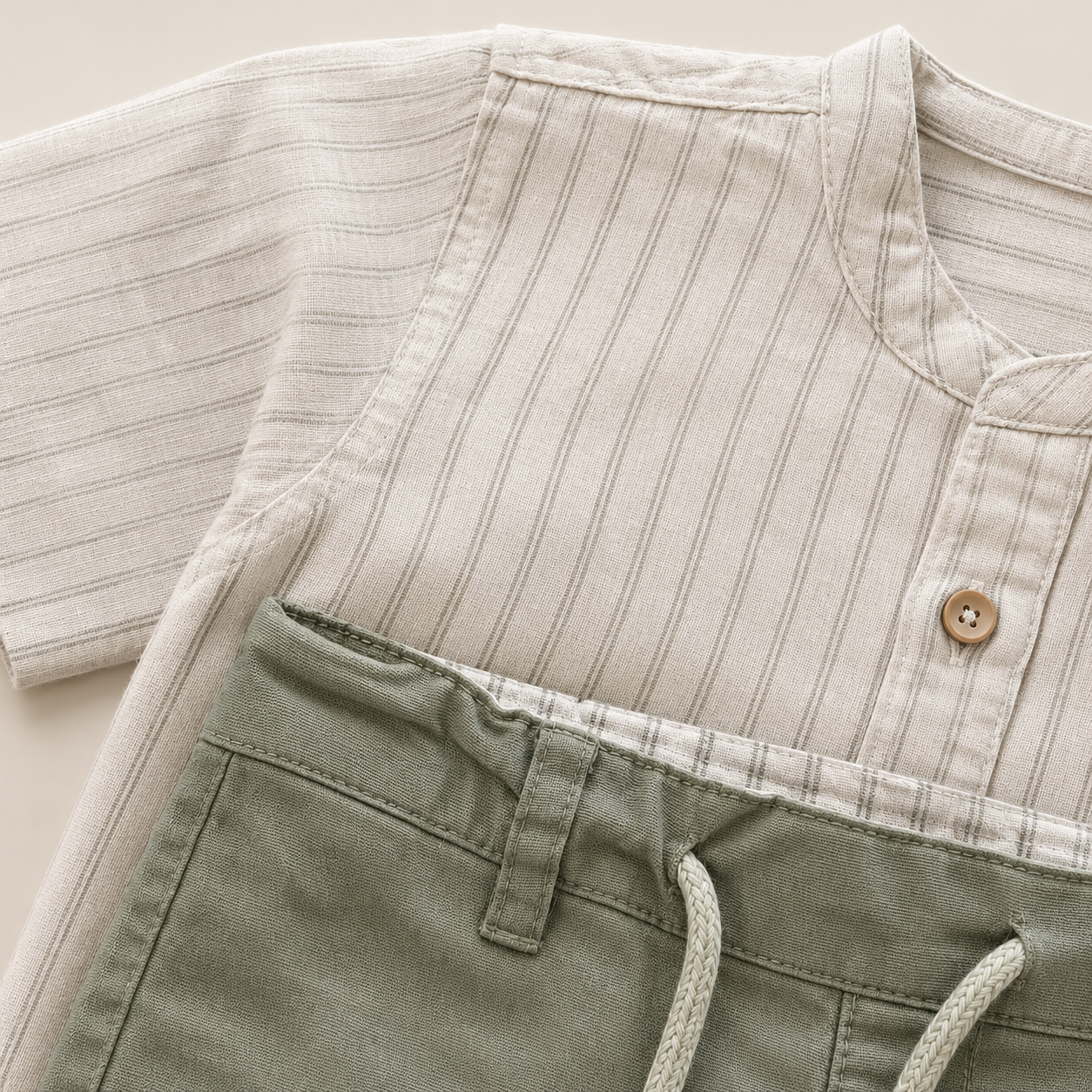 ⭕️ Conjunto Casual para Bebé Niño | Camisa de Lino a Rayas y Pantalón Verde Sage | Set 2 Piezas