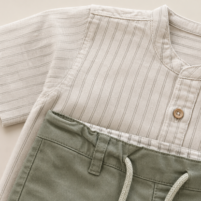 ⭕️ Conjunto Casual para Bebé Niño | Camisa de Lino a Rayas y Pantalón Verde Sage | Set 2 Piezas