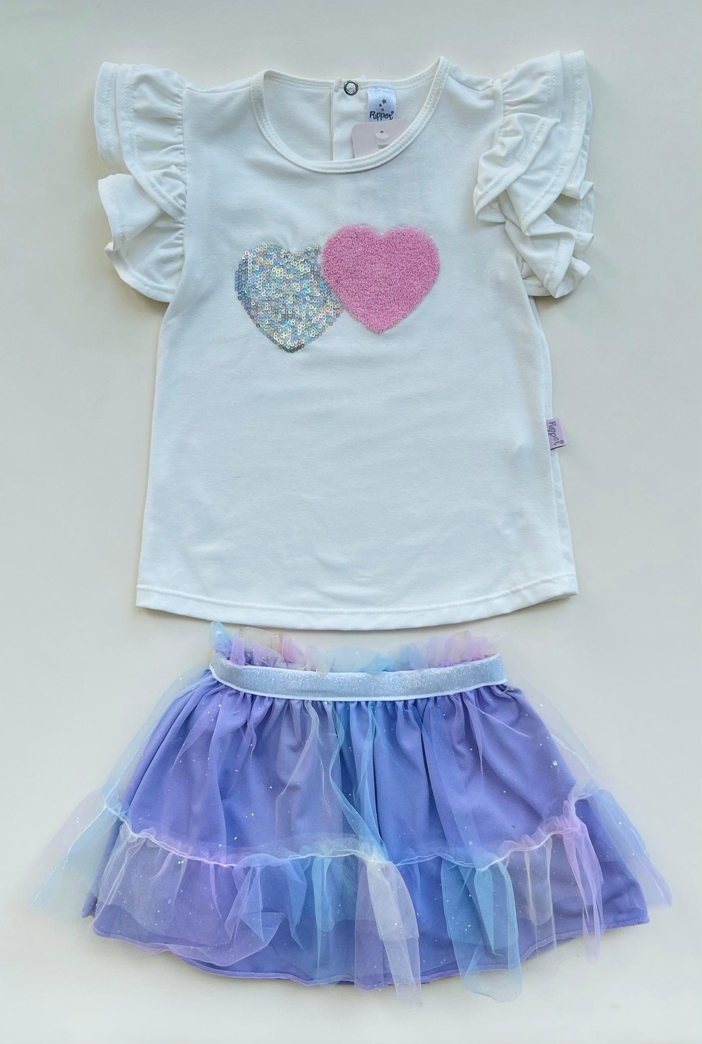 CONJUNTO TUTU CORAZONES BLANCO CON LILA
