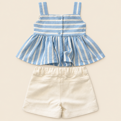 Conjunto para niña Azul Cielo con blusa de rayas y short blanco