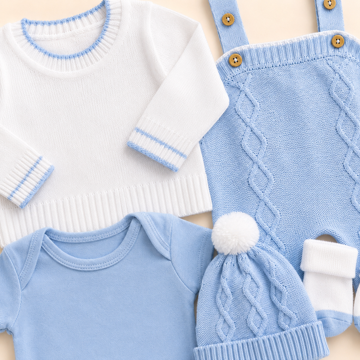 ⚪️ Conjunto Primera Muda Tejido Ref. Wally – Azul Cielo | Mara Baby