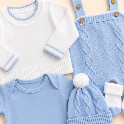 ⚪️ Conjunto Primera Muda Tejido Ref. Wally – Azul Cielo | Mara Baby