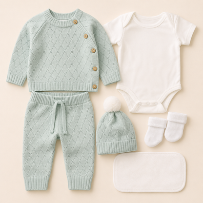 ⚪️ Conjunto Tejido Premium Bebé 6 Piezas – Ref. Valentín Verde Menta |