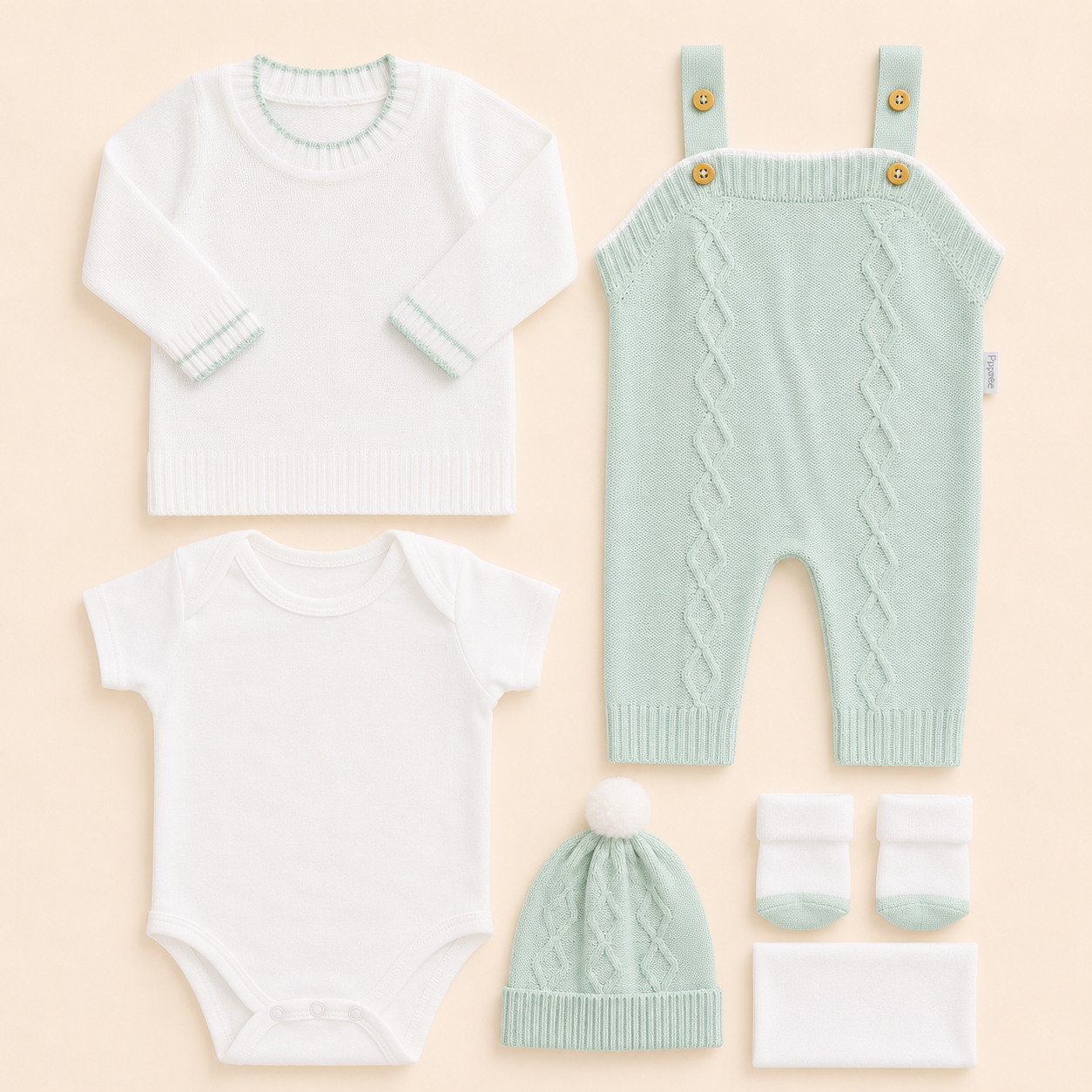 ⚪️ Conjunto Primera Muda Tejido Ref. Wally – Verde Menta | Mara Baby