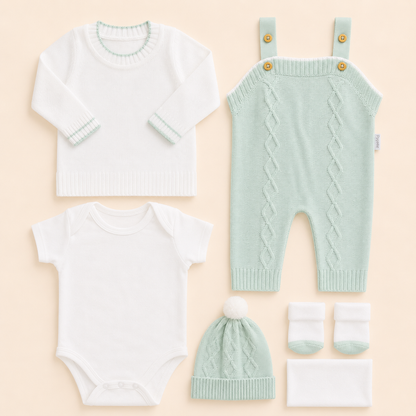 ⚪️ Conjunto Primera Muda Tejido Ref. Wally – Verde Menta | Mara Baby