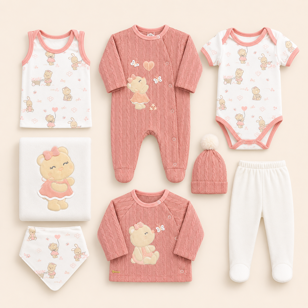 Ajuar Recién Nacida Niña 8 Piezas coral – Conjunto Tejido Cable Knit con Bordado Osita | Mara Baby