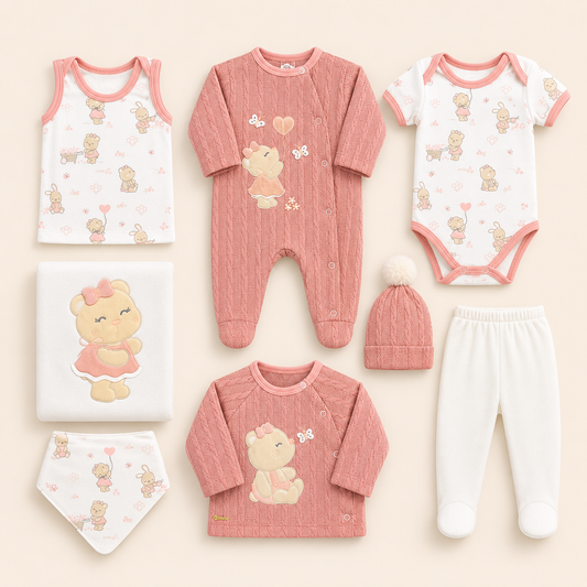 Ajuar Recién Nacida Niña 8 Piezas coral – Conjunto Tejido Cable Knit con Bordado Osita | Mara Baby