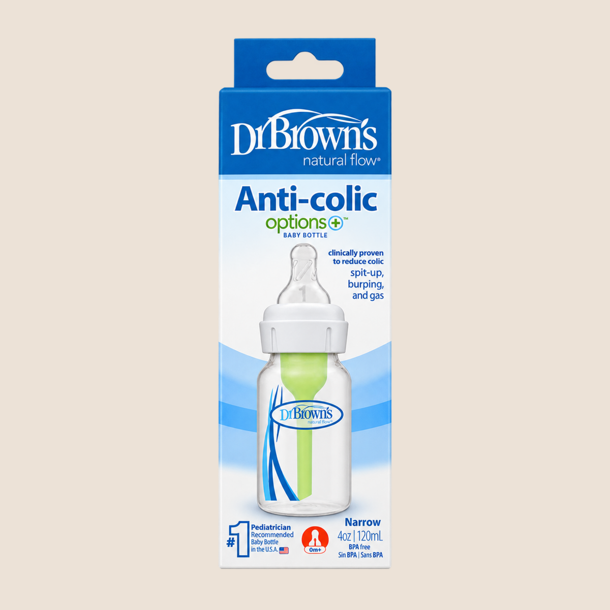 Biberón Anticólico Dr. Brown's Options+ Cuello Angosto 4oz/120mL