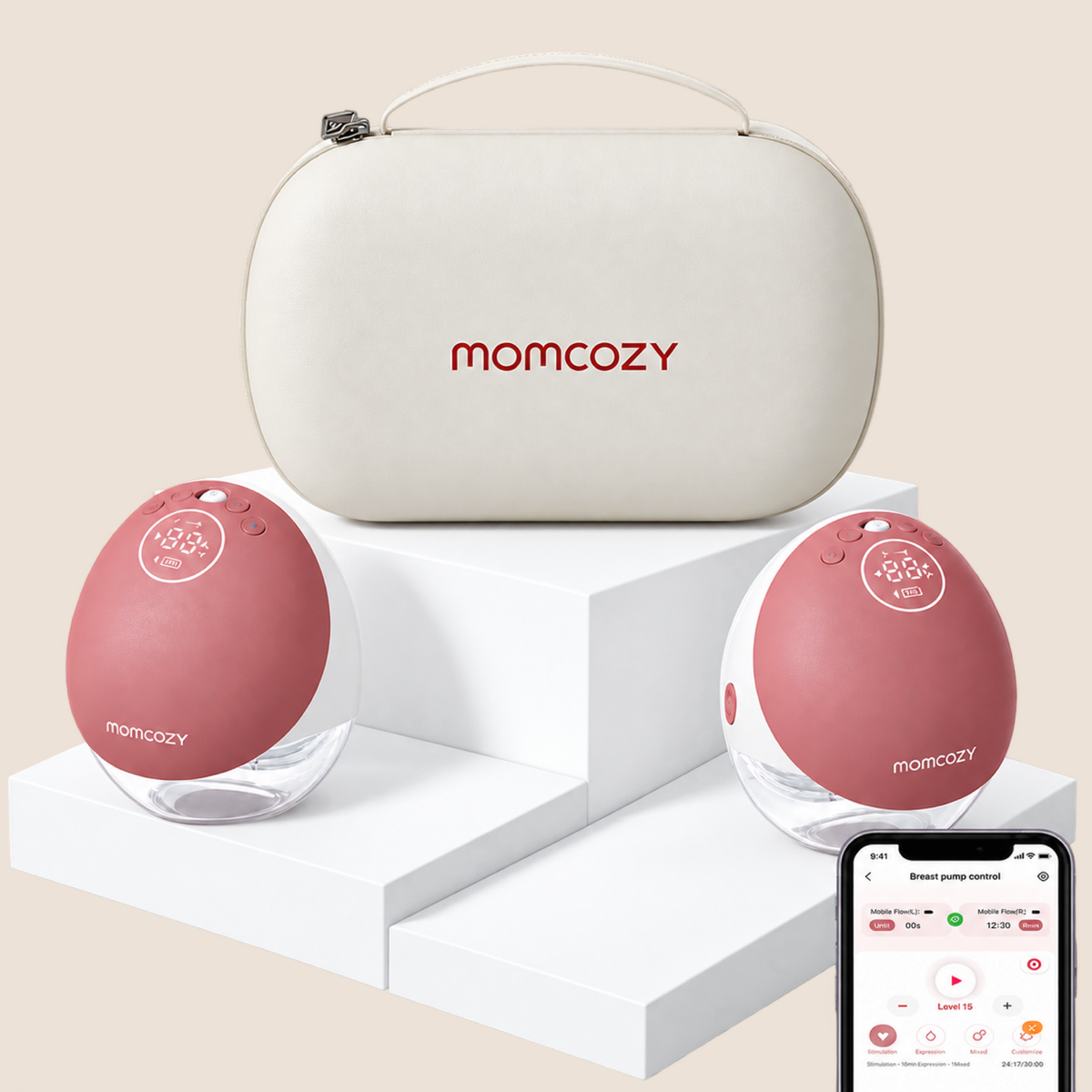 Dos extractores Momcozy M9 Mobile Flow rosa con estuche y vista de control desde la app