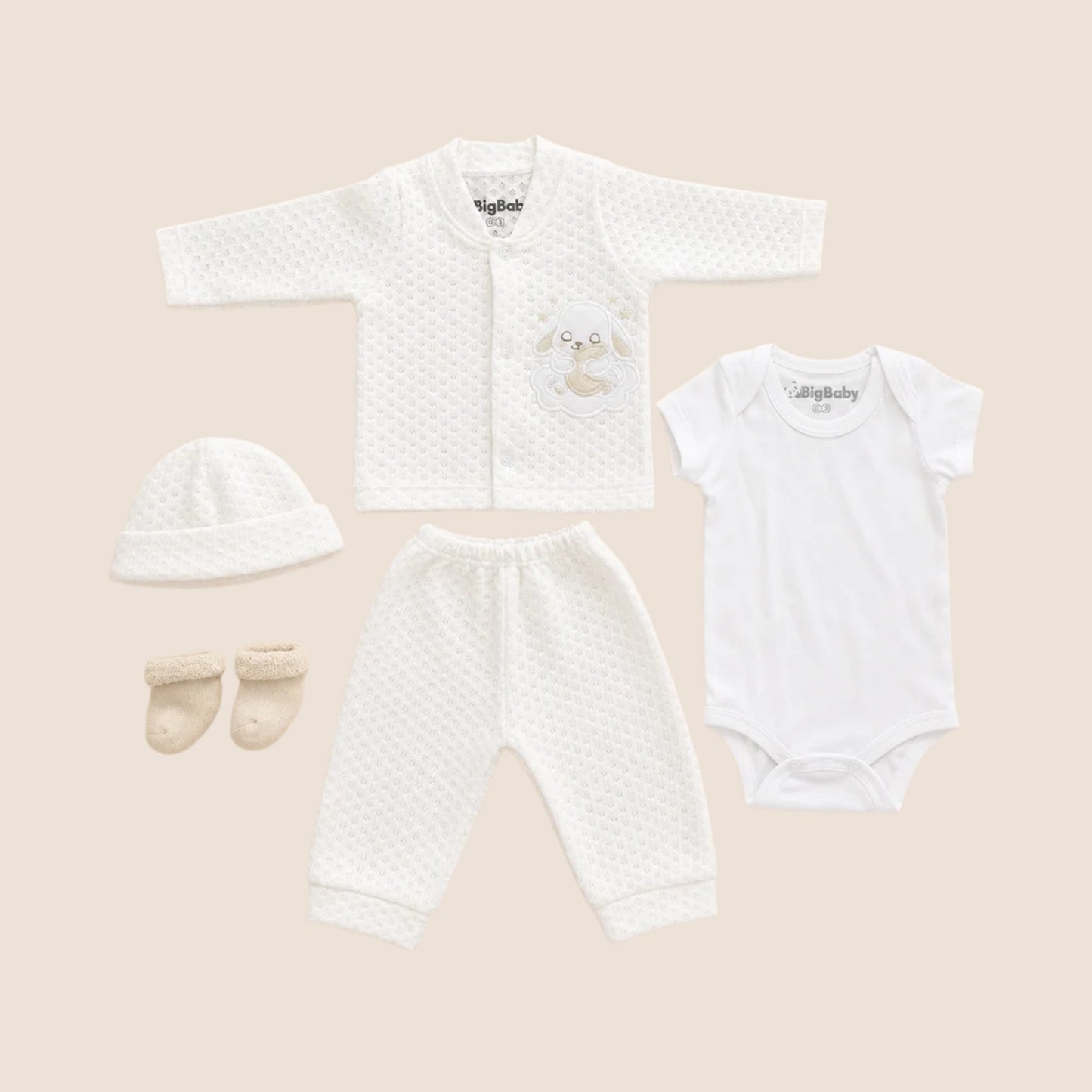 Conjunto Tejido Bebé 5 Piezas Blanco Conejito — Recién Nacido | Mara Baby