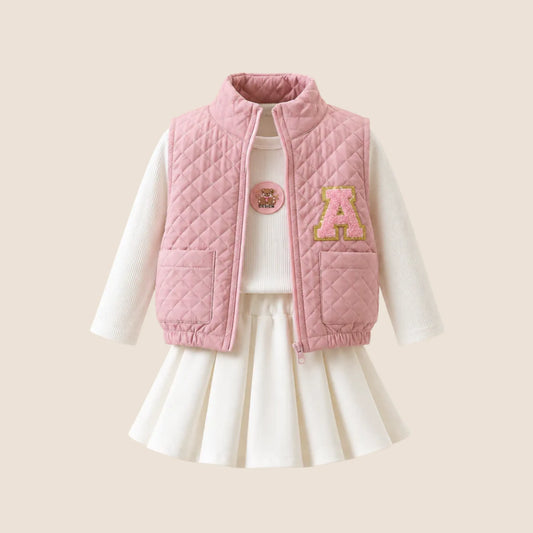 ⚪️ Conjunto 3 Piezas Niña | Chaleco Acolchado Rosado + Blusa + Falda Blanca | Mara Baby