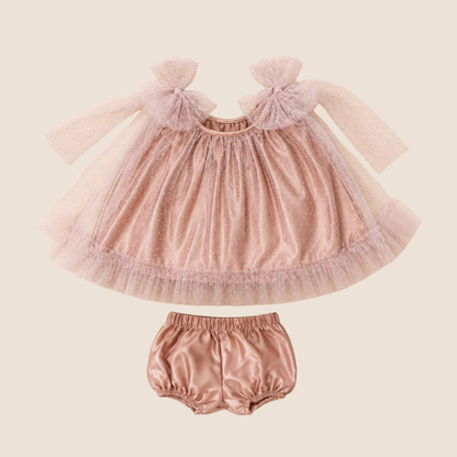 Conjunto gala bebe nina 2 piezas blusa rosa tul brillante con lazos y bloomer satinado