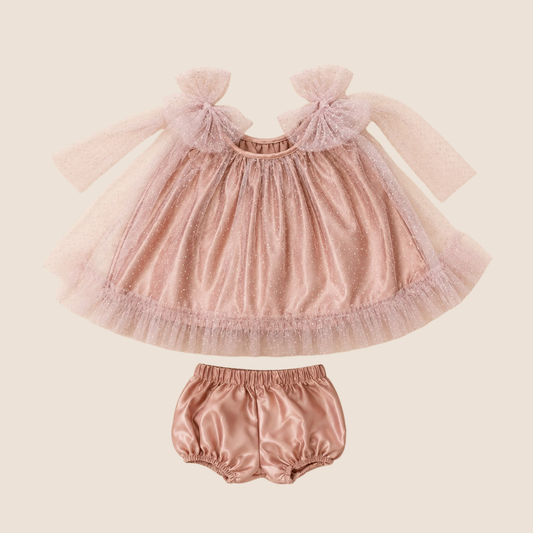 Conjunto gala bebe nina 2 piezas blusa rosa tul brillante con lazos y bloomer satinado