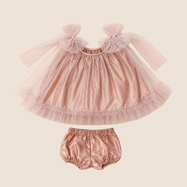 Conjunto gala bebe nina 2 piezas blusa rosa tul brillante con lazos y bloomer satinado