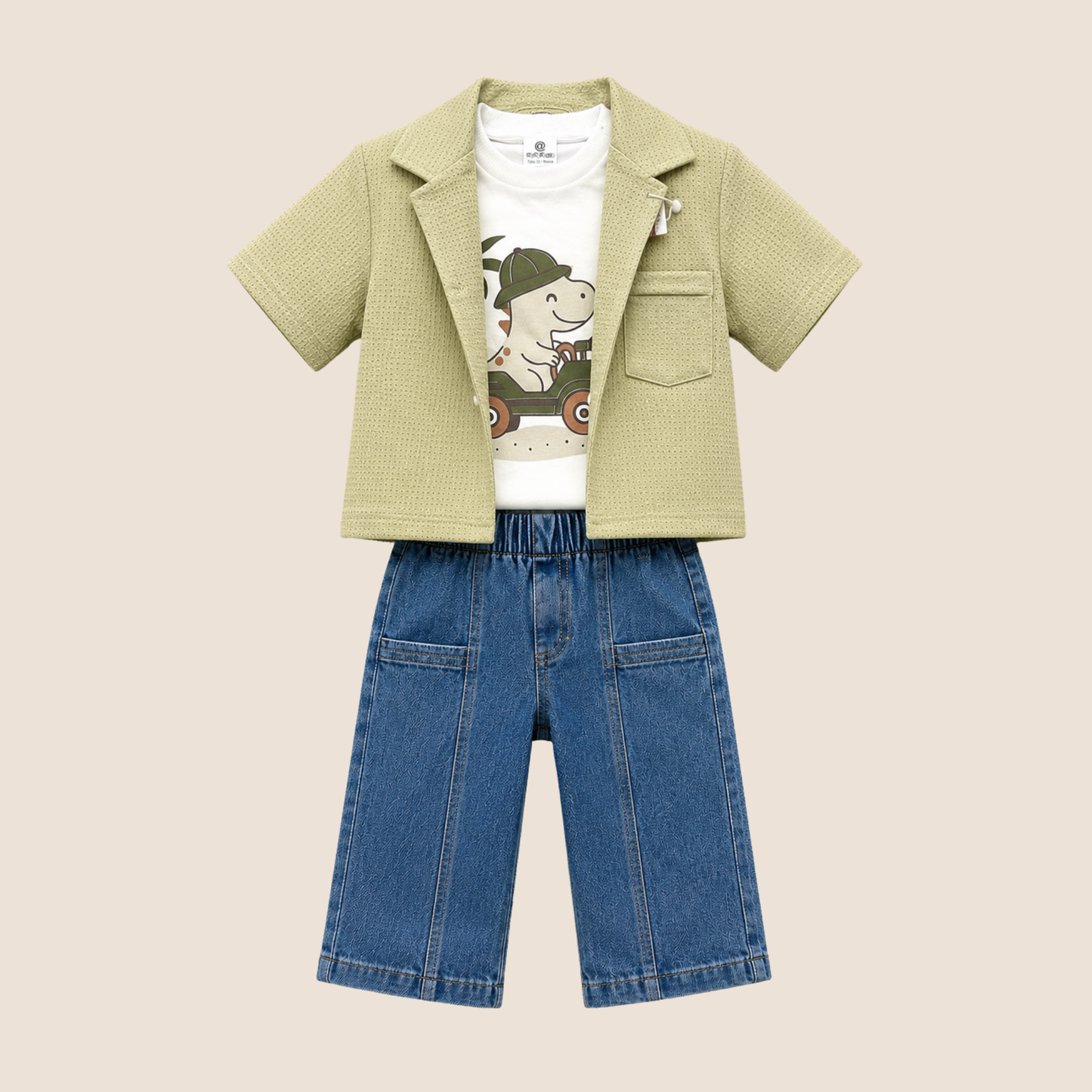 Conjunto 3 Piezas Niño Blazer Verde + Camiseta Dinosaurio + Jean Azul