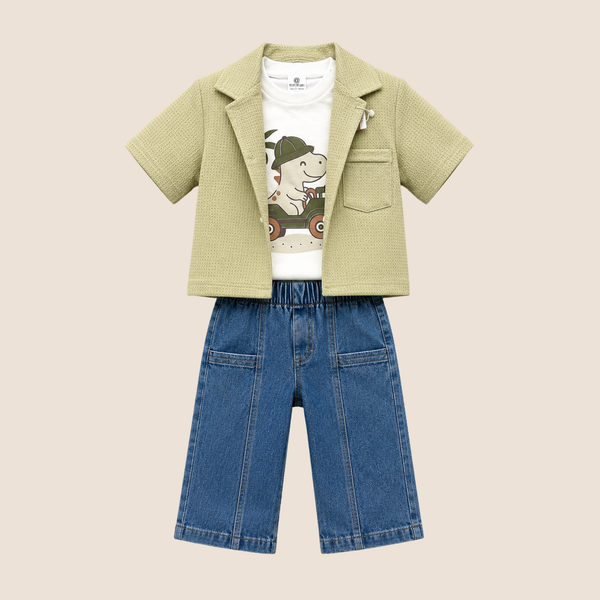 Conjunto 3 Piezas Niño Blazer Verde + Camiseta Dinosaurio + Jean Azul