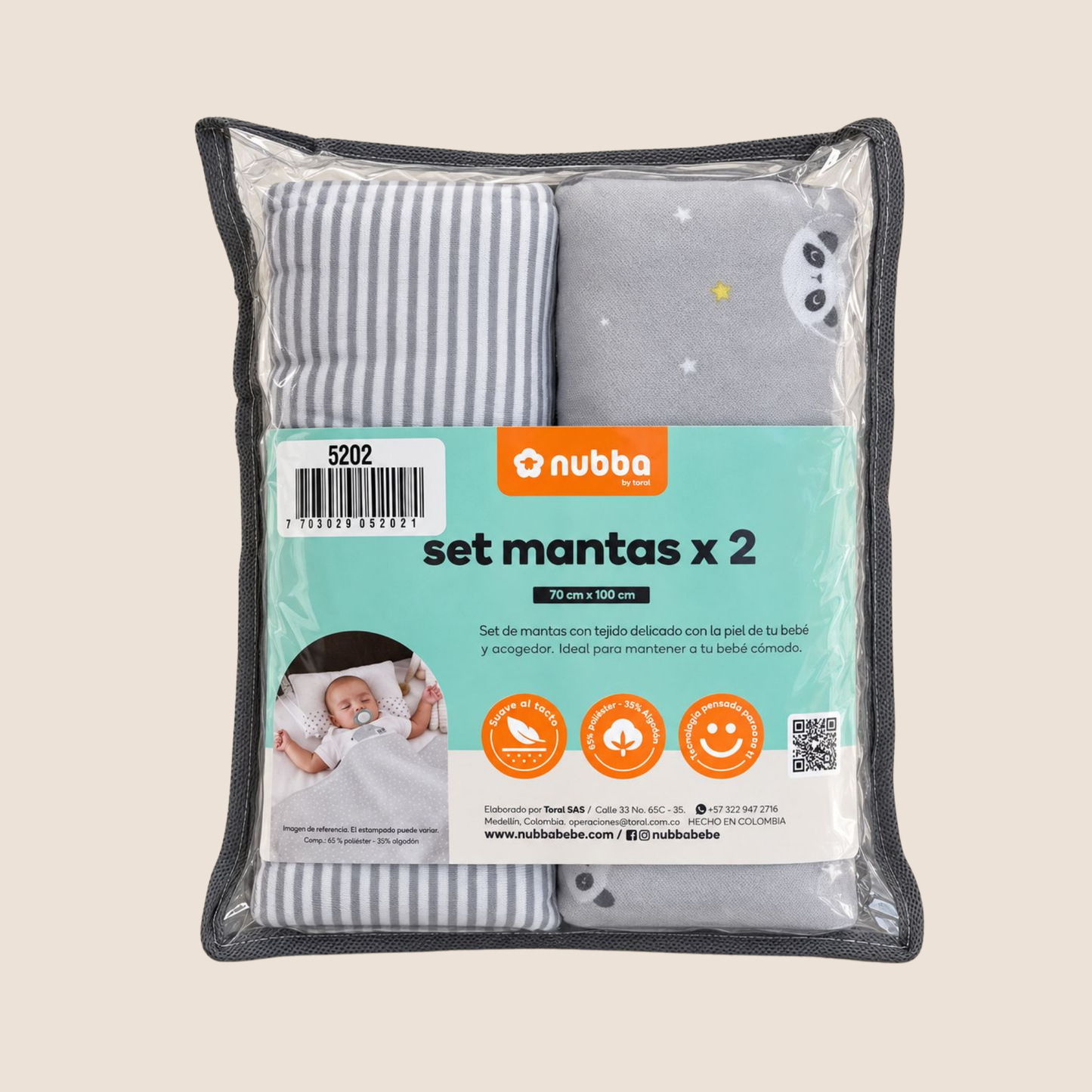 Set Mantas x2 Nubba – Pandas y Rayas Gris