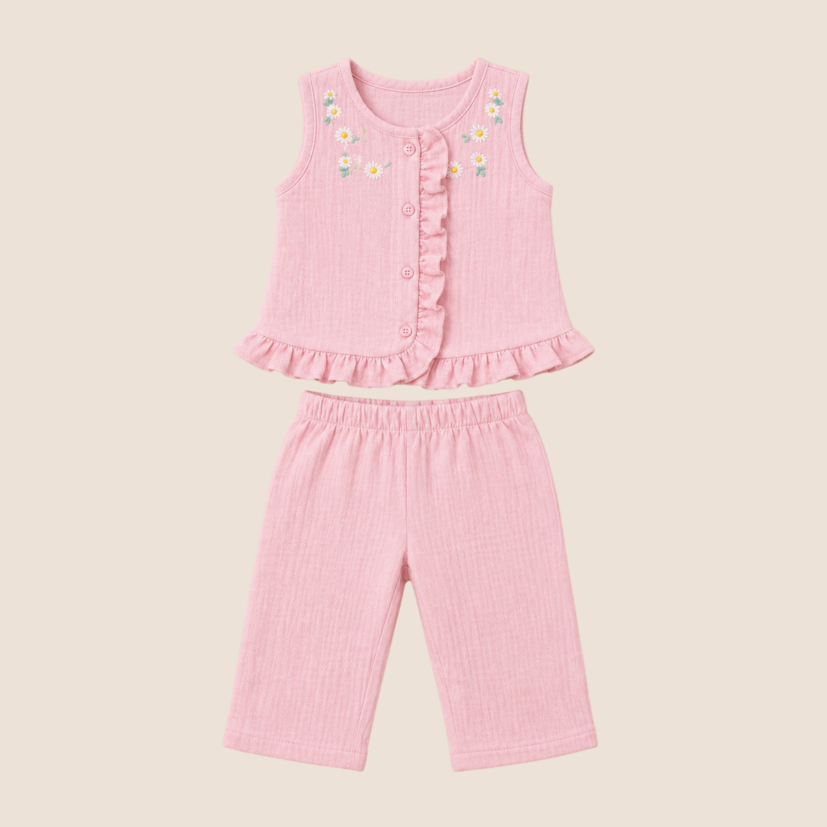 Conjunto 2 Piezas Nina Muselina Rosa Bordado Margaritas