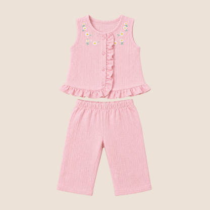 Conjunto 2 Piezas Nina Muselina Rosa Bordado Margaritas